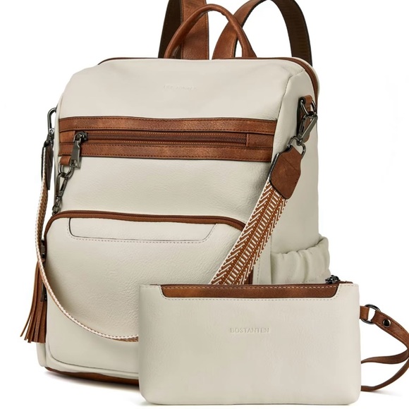 Handbags - Cream and Brown Women's Backpack Set